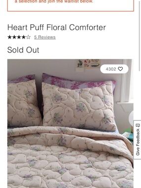 NWT Urban Outfitters Heart Puff Floral Comforter Twin XL and 2 sham set, quilted